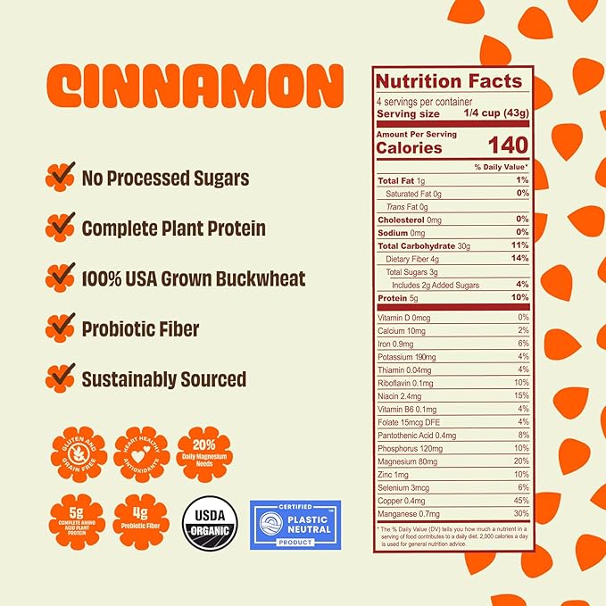 Lil Bucks Sprouted Regeneratively Grown Buckwheat Seeds– Paleo Cereal, Gluten-Free Granola, High in Protein, Low Sugar, Organic Superseed Crunch (CINNAMON, 1 Pack)