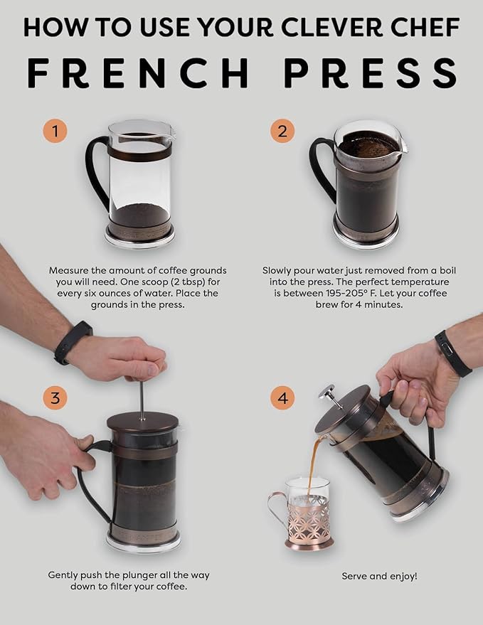 Clever Chef French Press Coffee Maker, Maximum Flavor Coffee Brewer with Superior Filtration, 2 Cup Capacity, Black
