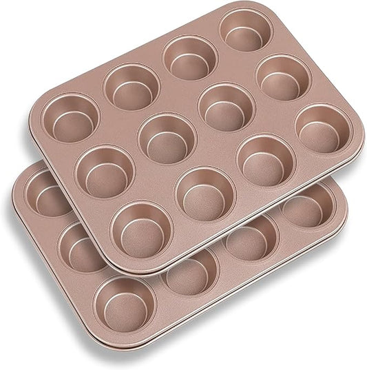 12-Cup Muffin Pan Tin for Baking, 2 Packs Nonstick Cupcake Pan Tin, Cup Cake Tray, Cheesecake Pans, Gold