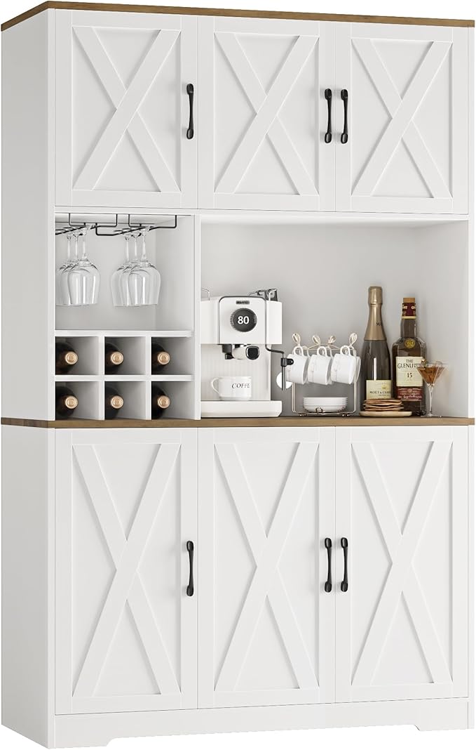 HOSTACK Kitchen Pantry Storage Cabinet, 71" Tall Food Pantry Cabinet with Microwave Stand, Farmhouse Kitchen Hutch, Coffee Bar Hutch with Wine Rack for Dining Room, Living Room, White