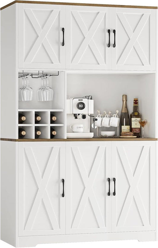 HOSTACK Kitchen Pantry Storage Cabinet, 71" Tall Food Pantry Cabinet with Microwave Stand, Farmhouse Kitchen Hutch, Coffee Bar Hutch with Wine Rack for Dining Room, Living Room, White