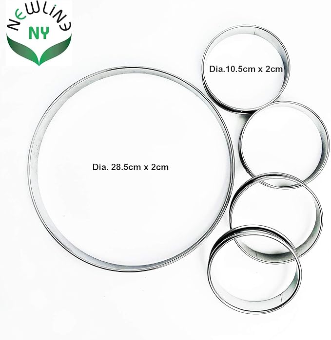 NewlineNY Stainless Steel 5 Pcs double rolled edges Circular Round Tart Rings, Pastry Muffin Molding Plating, Set of 5 : 1 x (28cm 11") + 4 x (10cm 4") x (2.2cm 0.85" H)