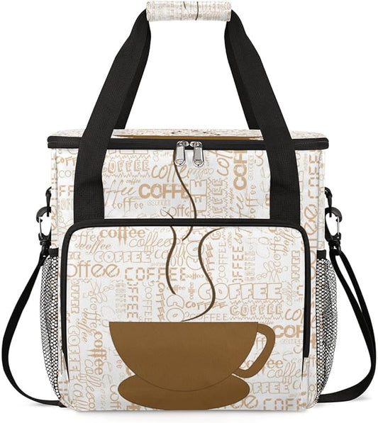 Coffee Cup Coffee Maker Carring Bag Coffee Texts Travel Carrying Storage Tote Bag Compatible with Keurig K-Mini or K-Mini Plus Portable Single Serve Coffee Brewer Case with Pockets for K-cup Pods