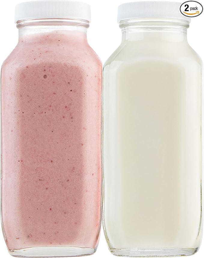 16oz Square Glass Milk Bottles with Plastic Airtight Lids -Vintage Reusable Dairy Drinking Jars Containers for Milk, Yogurt, Smoothies, Juice, Kefir, & Water -2 Pack 16 oz Glass Bottles with Lids
