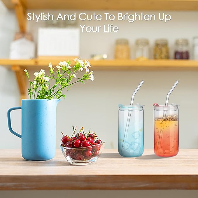 COMI 6pcs Glass Cups with Lids And Straws, Glass Tumbler for Iced Coffee, Drinking Glasses with Two Cleaning Brush,Glass Drinking Set