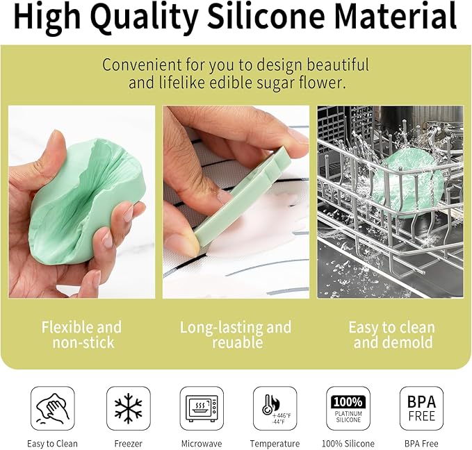 KALAIEN Flower Silicone Mold, 10 Pcs Gumpaste Cutters, 2 Pcs Peony Petal Fondant Veining Molds for Sugarcraft Flower Decorating Mold