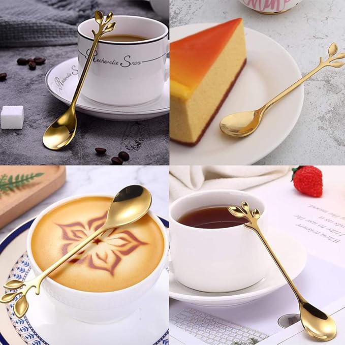 AnSaw 8-Pack Elegant Gold Leaf 4.7" Espresso Spoons - Stainless Steel, Perfect for Coffee, Demitasse, Dessert & Tea, Mini Size for Small Servings