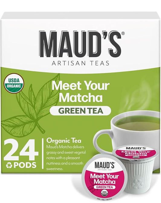 Maud's Organic Matcha Green Tea Pods, 24 ct, Recyclable Single Serve Tea Pods – 100% Gourmet Blended Tea Leaves, Compatible with Keurig K Cups Maker