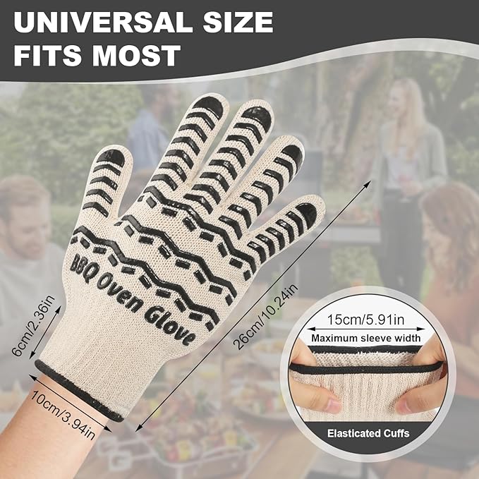 BBQ Gloves 932℉ Heat Resistant Oven Gloves, Cooking Gloves for BBQ, Grilling, Baking,Cutting, Smoker Fireplace-1 Pair (Black)