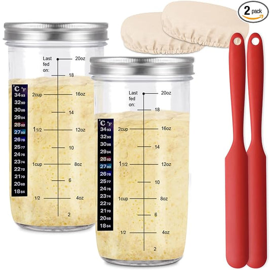 24 OZ/2 Pack Pro Pack Pro Sourdough Starter Kit – Extra Thermometer Strips and Breathable Covers Included in Sourdough Starter Jar – A Perfect Sourdough Bread Starter Kit for Beginners to Expert