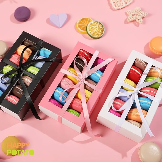 HAPPY POTATO 15 Pack Macaron Boxes with Clear Window and Ribbon, White, 7.2x4x1.9 Inches, Gift-Wrap Boxes for Weddings and Gifting