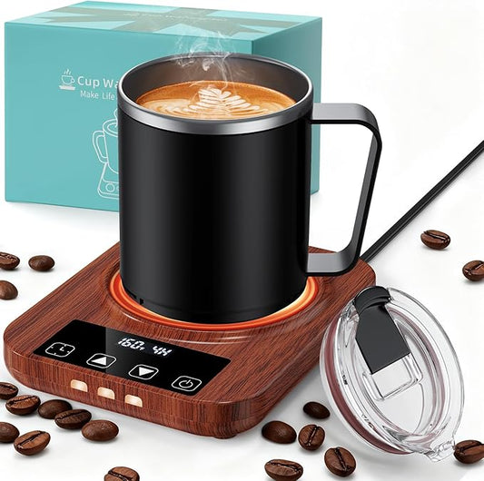Coffee Mug Warmer & Mug Set for Desk, 36W Electric Coffee Cup Warmer with 16oz Cup, 9 Temp Settings, 1-12H Timer Auto Shut Off Heated Mug Plate, Home Office Desk Accessory, Gifts for Women Men, Wood