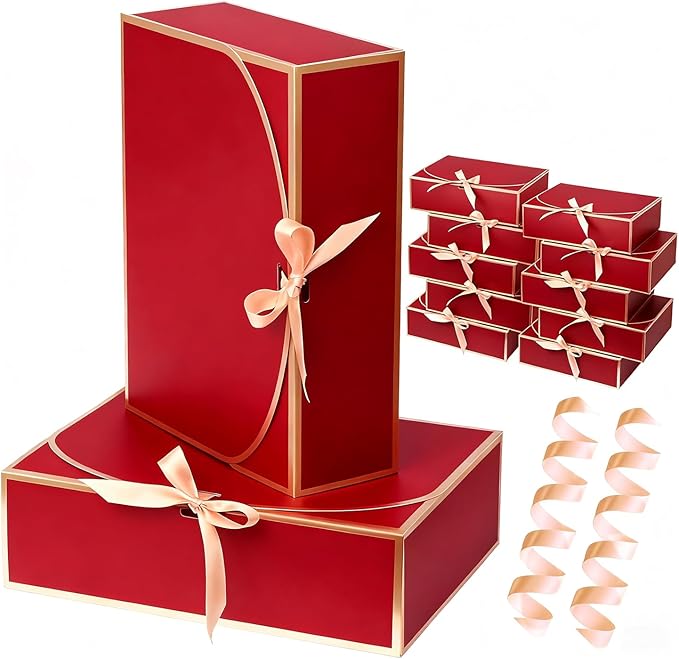 WLUSEAXI 10Pack Red Gift Boxes, 10.6x7.8x3.1Inch Bridesmaid Proposal Box with Ribbons, Gift Boxes with Lids for Presents, Mother's Day, Wedding, Groomsmen Proposal, Birthday Party