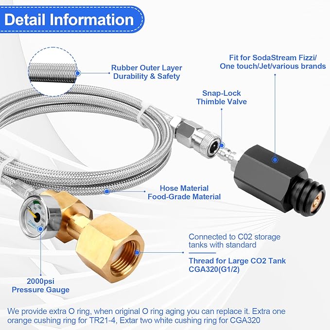 Soda Machine Co2 Adapter for Fizzi One Touch Jet Ninja Thirsti Soda Water Machine, CGA320 to TR21-4 Soda Maker 60inch Stainless Steel Hose Adapter (with Pressure Gauge）