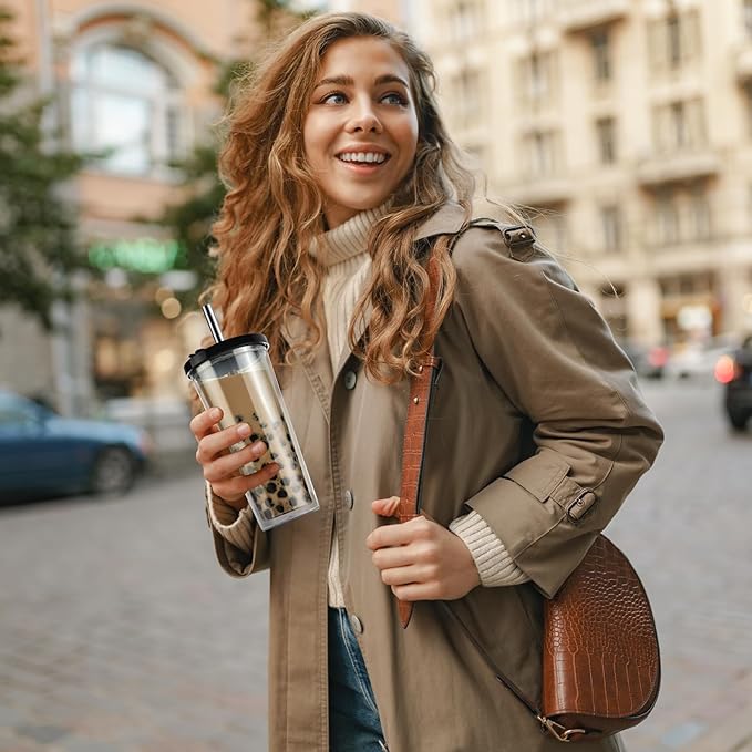 ALINK Reusable Iced Coffee Cup with Lid and Straw, 24 oz Boba Tea Smoothie Cup, Leak Proof Double Wall Insulated Iced Coffee Tumbler for Hot Cold Drinks, Bubble Tea, With 2 Boba Straws 1 Brush