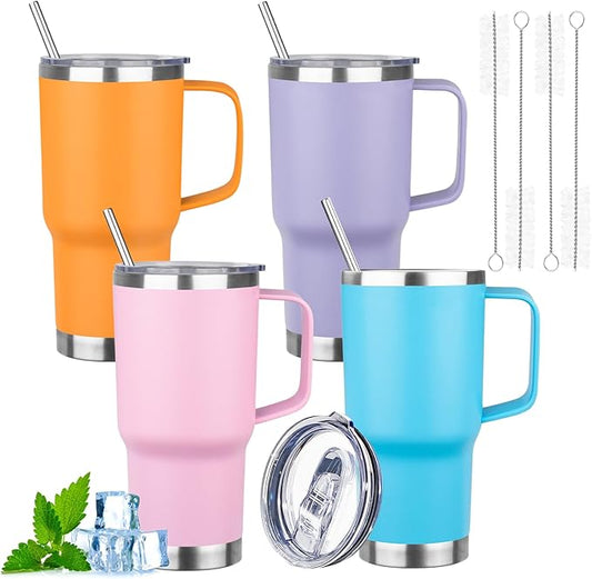 20oz Insulated Tumbler with Handle Stainless Steel Travel Coffee Mug with Lid and Straw Double Wall Vacuum Leak-proof Reusable Thermal Water Cup for Hot and Cold Drinks (Multicolor-2,4 Pack)