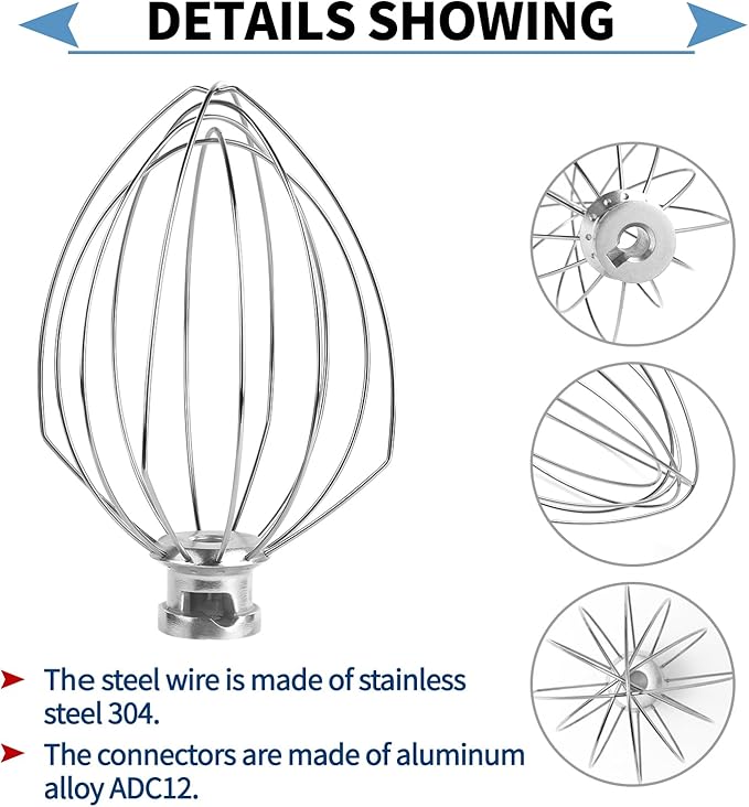 6 Wire Whisk Attachments Compatible with KitchenAid 5-6Quart Mixer, Bowl Lift Stand Mixer Accessories, 6-Quart Stainless Steel Whisk, Egg Cream, Cake Mayonnaise, For Multiple Models
