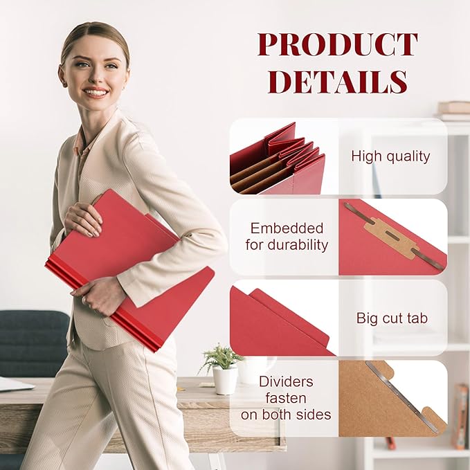 48 Pcs Classification Folders Letter Size, Back to School Supply for Teacher, Student, 3 Dividers Pressboard File Folder Bulk with 2 Fasteners, 3.5 Inch Expanding File Organizer (Red)