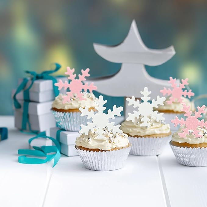 Gyufise 50Pcs Pink Edible Cupcake Cake Toppers Snowflake Cake Decorations for Christmas Winter Frozen Theme Party Supply Decoration Pink White