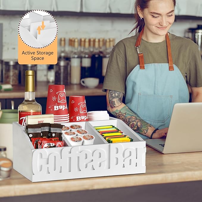 Coffee Bar Organizer for Accessories, Wood Station for Countertop, Farmhouse Pod Holders, White Condiment Organizer for Decor