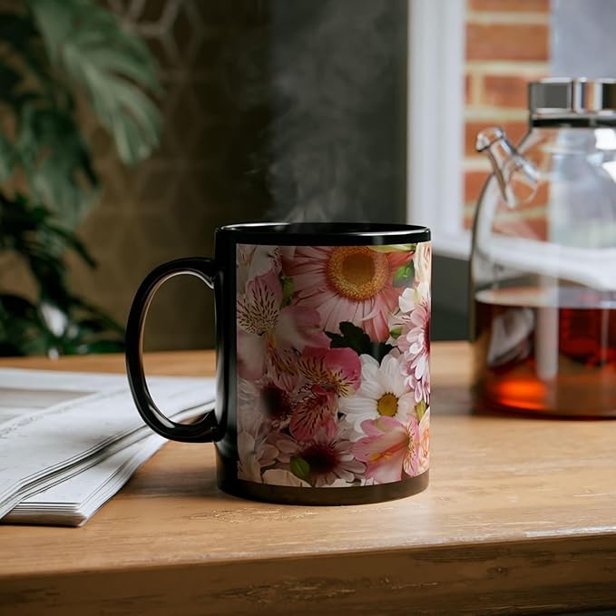 11 OZ Novelty Coffee Mugs - Christmas Gift (Black Floral Mug)