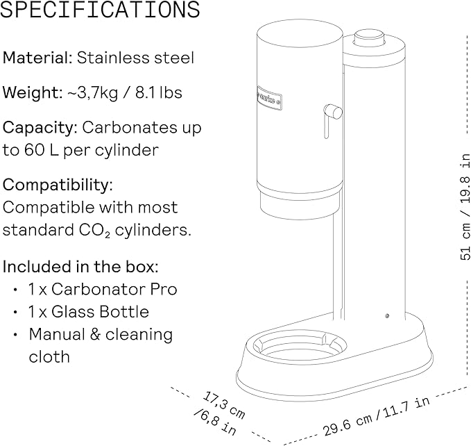 Aarke Carbonator Pro, Sparkling & Carbonation Water Machine, Stainless Steel with Glass Reusable Bottle Volume 800 mL/27 fl oz (Stainless Steel)