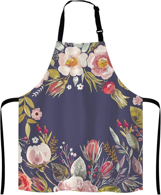 Vintage background with hand drawn floral wreath Adjustable Bib Apron, Romantic Flowers Cooking Kitchen Apron for Men Women