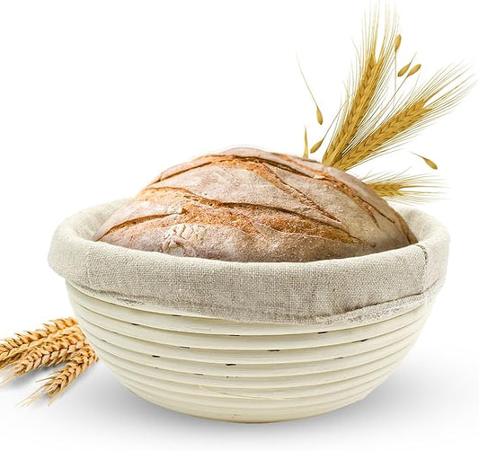Banneton Bread Proofing Basket sourdough proofing basket for Beginners & Professional Bakers, Handwoven Rattan Cane Bread Maker with Linen for Artisan Breads, 8.5 x 3 In, 1-Pound Round Brotform