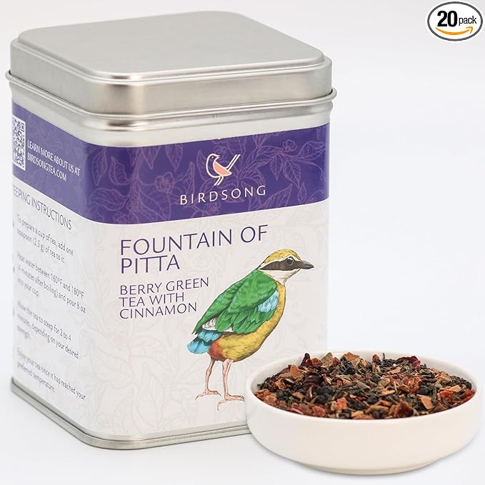 Birdsong Fountain of Pitta: Organic Green Tea Bags with Berries, Rooibos, and Cinnamon | Light, Refreshing and 100% Natural Tea with Health Benefits | 18 Pyramid Tea Sachets