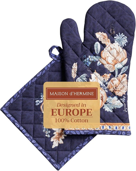 Maison d' Hermine 100% Cotton Oven Mitt & Pot Holder Set (7.5"x13" & 8"x8") Heat Resistant BBQ Cooking Gloves with Loop, Baking, Grilling, Kitchen, Handling Hot Pans (Pumpkin Blues)