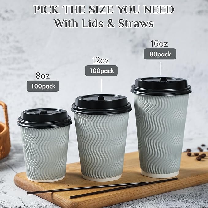 MUCHII 8 oz Disposable Paper Coffee Cups, 100 Count Insulated Ripple To Go Cups With Lids and Straws for Tea, Hot Chocolate, and Drinks