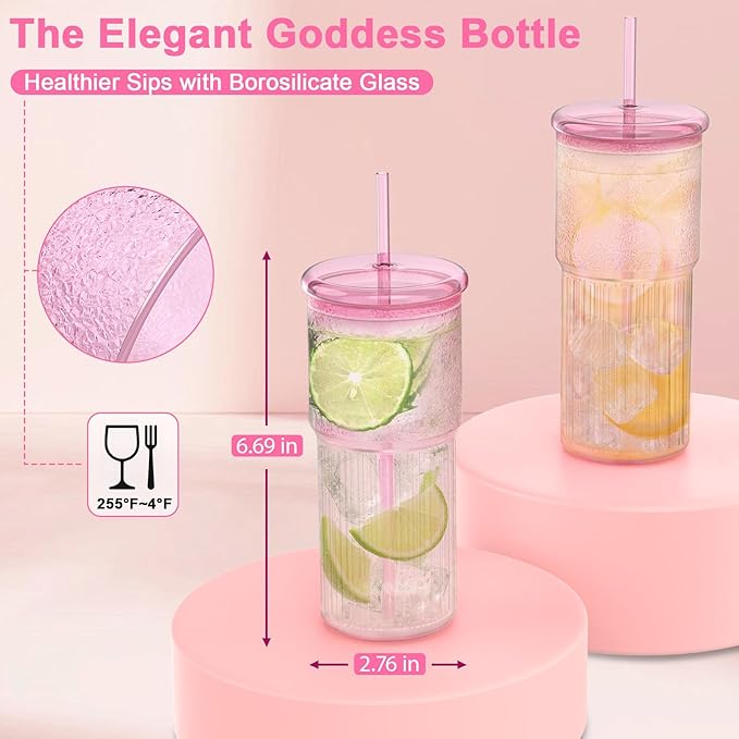 20oz Glass Cups with Lids and Straws - Set of 4 Reusable Tumblers, Thickened Shatter-Resistant Glass, Ideal for Iced Coffee, Smoothies, Cocktails, Juices - Elegant & Durable Drinkware (Pink)