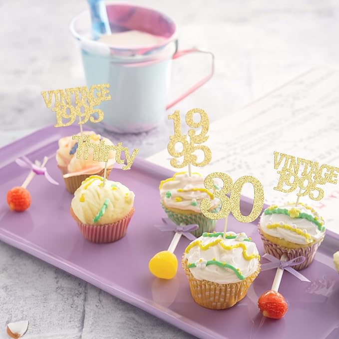 Gyufise 24Pcs Happy 30th Birthday Cupcake Toppers Glitter Thirty 30 Fabulous Vintage 1995 Cupcake Picks for 30th Birthday Wedding Anniversary Party Cake Decorations Supplies Gold