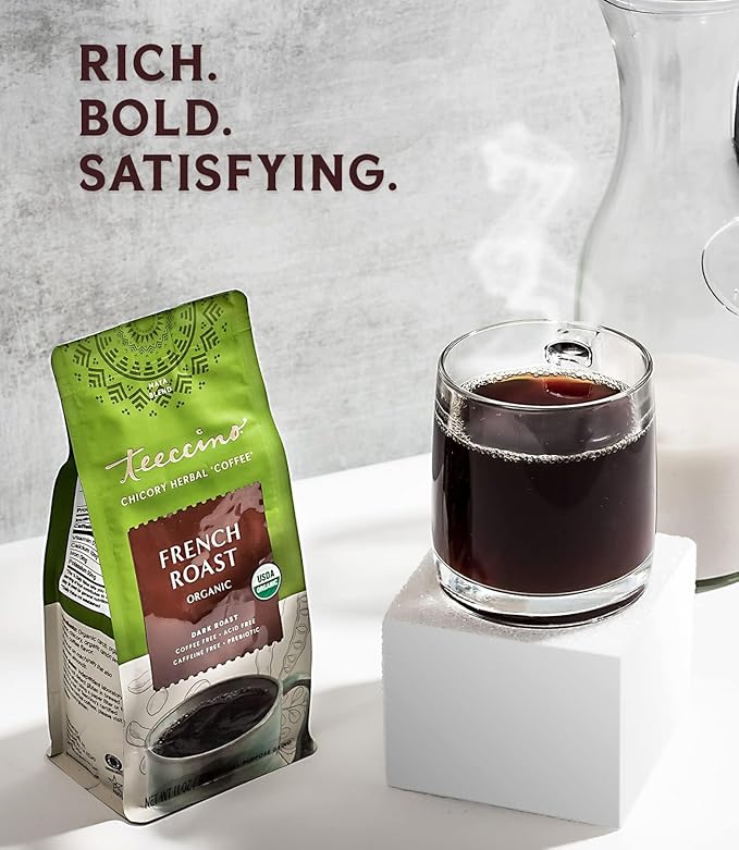 Teeccino French Roast Chicory Coffee Alternative - 11 Ounce - Ground Herbal Coffee That’s Prebiotic, Caffeine-Free & Acid Free, Dark Roast, (Pack of 3)