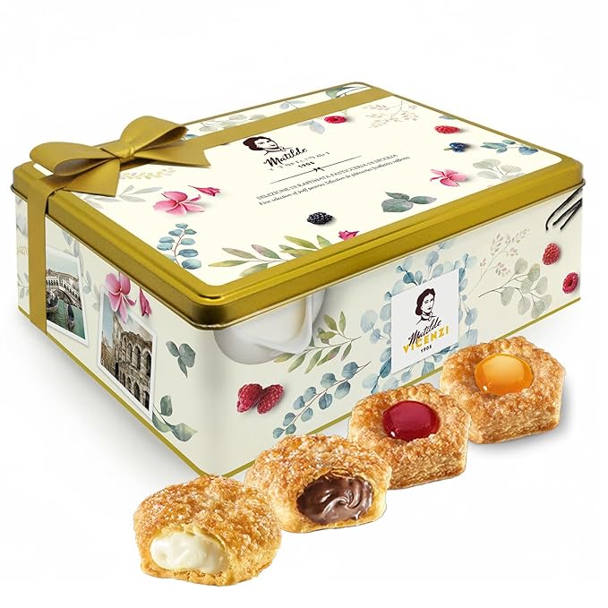 Pasticceria Matilde Vicenzi 5 O'Clock Tea Time Cookie Assortment Gift Tin - Butter Pastries, Chocolate & Vanilla Filled Gourmet Cookies - Bakery Snacks Made in Italy for Gifting - 13.76oz (390g)