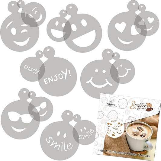 NAKLEO Coffee Stencils and Cookies Decoration 14Pcs 2.8”x2.8” and 4.3”x4.3”, Reusable Plastic Baking Templates, Emotion Smileys Emoticon, Barista DIY Art Craft, Capuccino Latte Chocolate Cake Biscuit