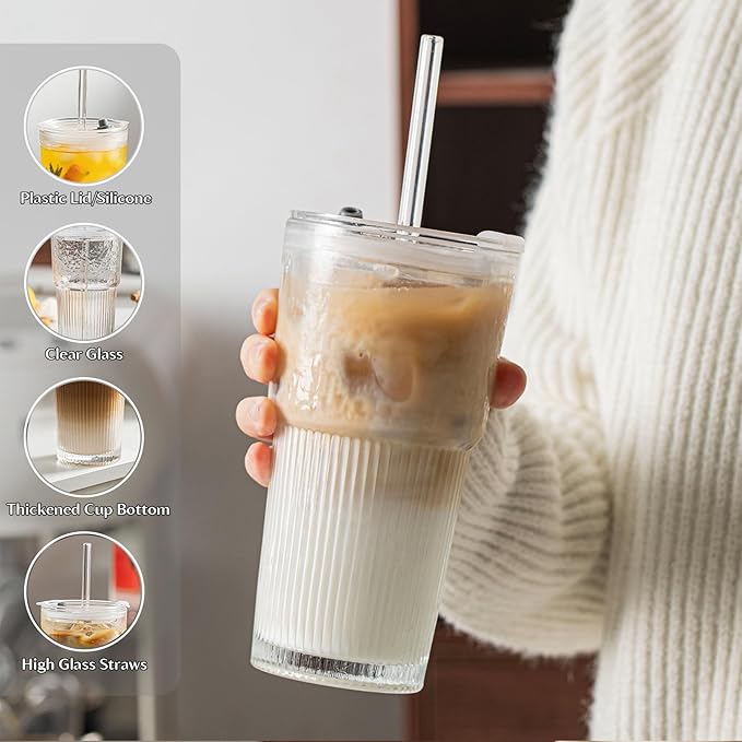 INSETLAN 530ml Glass Cups with Straws & Straw Cleaner, Set of 4, Clear Ribbed Drinking Glasses with Plastic Lids for Water, Juice, Iced Coffee & Smoothies, Dishwasher Safe