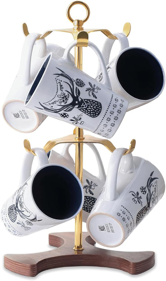 Gold Mug Holder Tree for Countertop | 2-Tier Coffee Mug Rack Holds 6 Large Mugs, 5oz to 20oz | Elegant Golden Cup Stand with Solid Wood Base | Kitchen Counter Organizer & Coffee Bar Accessories
