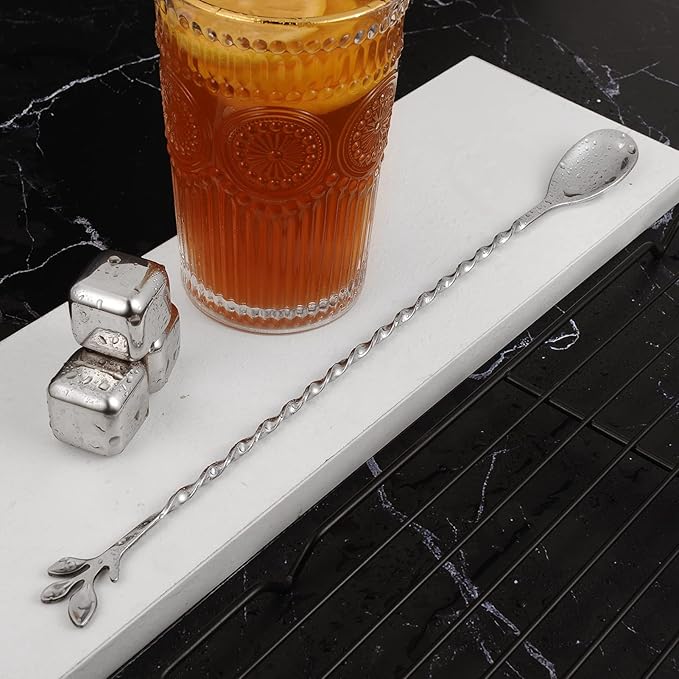 AnSaw Silver 12-Inch Stainless Steel Cocktail Spoon with Leaf Handle - Perfect for Mixing & Layering Drinks in Tall Cups, Bar & Shakers - Durable Long Handle Bar Stirrer,1-Pieces
