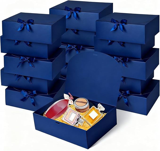 15Pack Gift Boxes with Lids, 10.6x7.8x3.1 Inches Bridesmaid Proposal Box with Ribbon, Navy Gift Boxes for Presents,Kraft Paper Boxes for Wedding Christmas Birthday Baby Shower Party