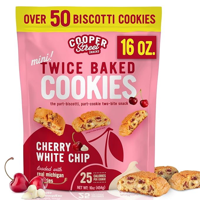 Cooper Street Twice-Baked Cherry White Chip Biscotti Cookies (16 oz) – Over 50 Biscotti Cookies per Bag Loaded with Real Fruit, Traditional Italian Style Snacks - Dairy, Peanut & Soy Free, Kosher