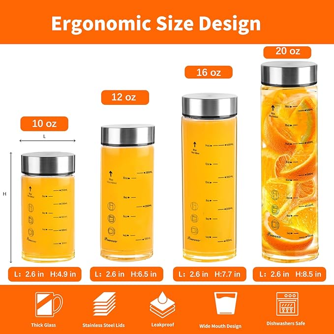 Glass Juice Bottles 6 Pack 10 oz - Wide Mouth Glass Water Bottles with Lids - for Juicing, Protein, Smoothie, Milk, Reusable, BPA Free, Stainless Steel Lids, Blender, Shaker Bottle [10oz/300ml]