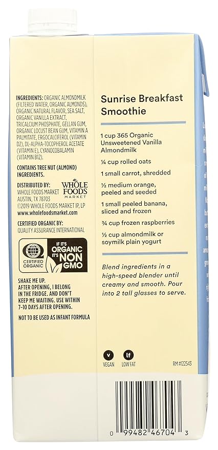 365 by Whole Foods Market, Organic Unsweetened Vanilla Almond Milk, 32 Fl Oz