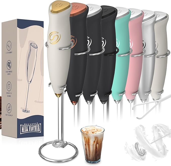 Milk Frother With Stand Handheld Frother Wand Drink Mixer Handheld Coffee Stirrers Electric Frother for Coffee Mixer Wand with 2 Whisk frother for protein powder-White/Gold
