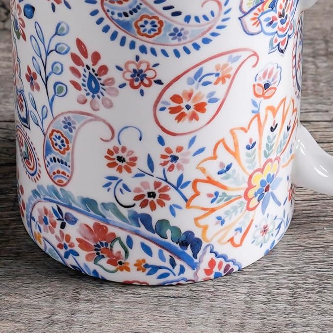 Maison d' Hermine Coffee Mug with Handles Fine Bone China Mugs Pack of One Tea Cups for Hot Beverages Cappuccino Latte Home Restaurant Office Perfect for Gift (Indian Floral - Paisley, 12 Ounce)