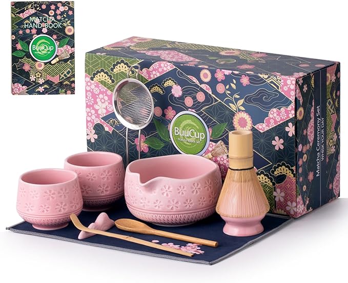 Matcha Whisk Set, 10 Pcs Matcha Set Includes Matcha Bowl, 2 Cups, Matcha Whisk and Holder, Bamboo Scoop and Spoon, Scoop Rest, Sifter and Tea Towel, Complete Matcha Kit (Pink)