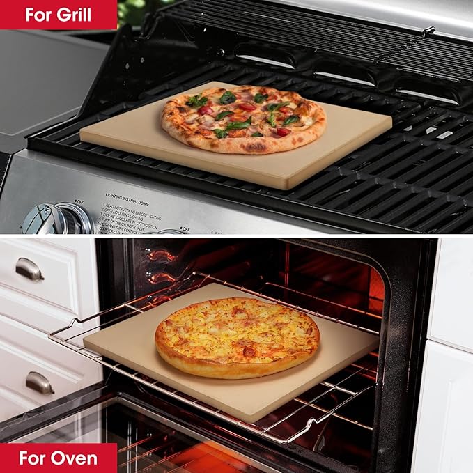 Unicook Pizza Stone for Oven and Grill, Rectangular Baking Pan 15 Inch x 12 Inch, Cordierite Large Cooking Oven Stone with Plastic Dough Scraper, Thermal Shock Resistant Pizza Pan