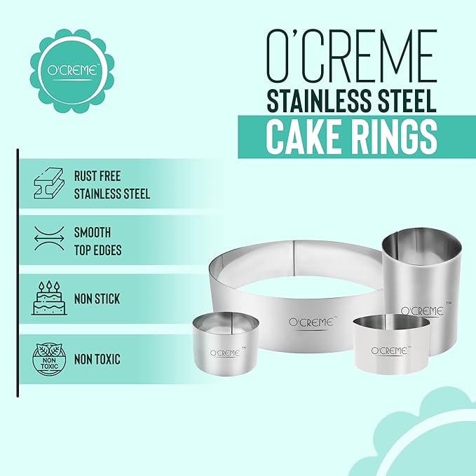 O'Creme Cake Ring Sturdy Stainless Steel Round Mousse Cake Ring Mold for Baking, Dessert Cake Decorating Pastry Rings 5 Inch Diameter x 2 Inch High
