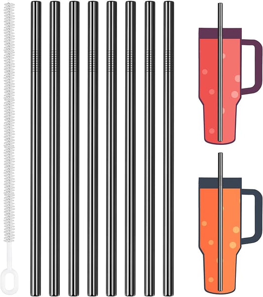 Tomorotec 8-Pack Stainless Steel Straws for Stanley Tumbler 40oz, 12" Metal Straws for Stanley Cup with Brush, Reusable Drinking Straws for Smoothies, Milkshakes, Dishwasher Safe and BPA-Free (Black)