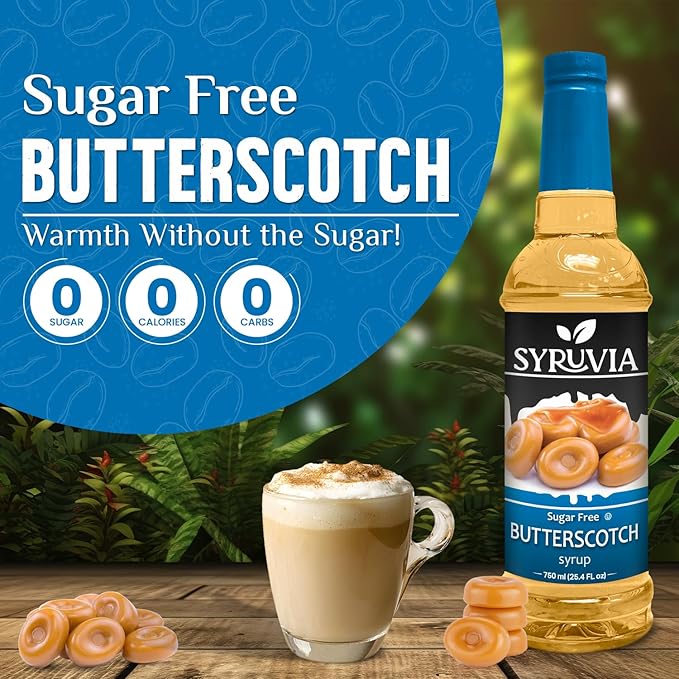 Syruvia Sugar Free Coffee Syrup, Butterscotch Flavored Syrup for Drinks, Lattes, and Desserts – 25.4 fl oz